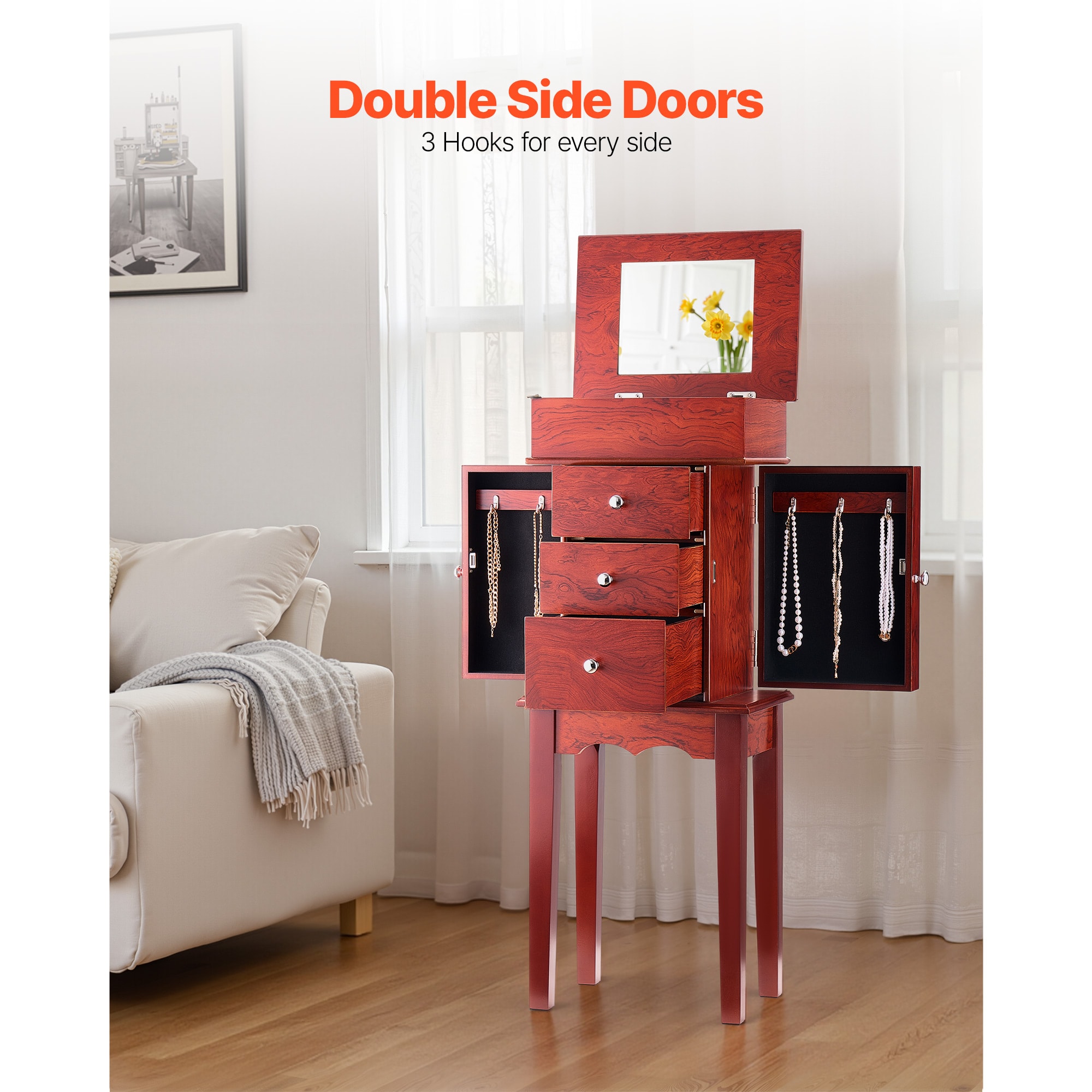 Jewelry Cabinet Armoire Standing Jewelry Storage Chest With 3 Drawers & Mirror_maomaolike.com